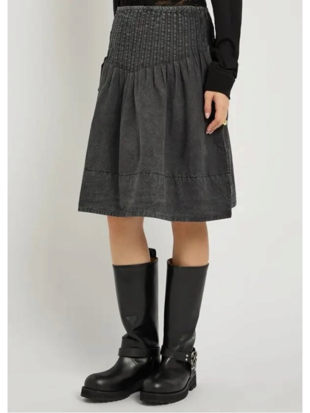 Free People Dainty Bohemian Peyton Pintuck Midi Skirt Washed Black Size 14 - Picture 8 of 16